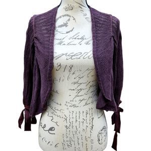 Anthropologie Knitted & Knotted eggplant cropped ruffle cardigan Medium